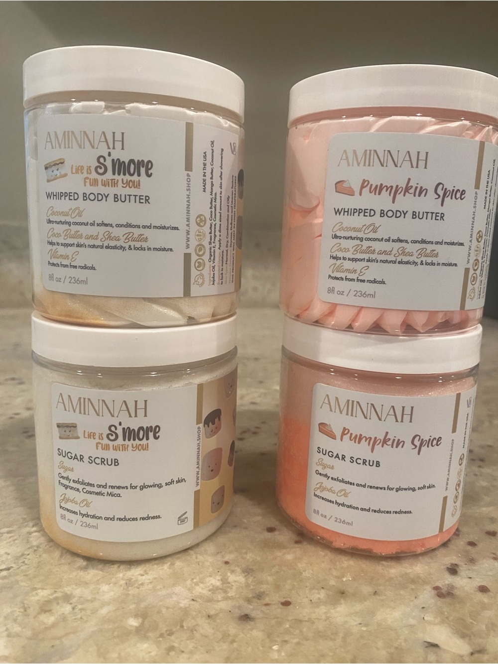 Aminnah Whipped Body Butter and Scrub Duo. Life is S’mores fun & Pumpkin Spice